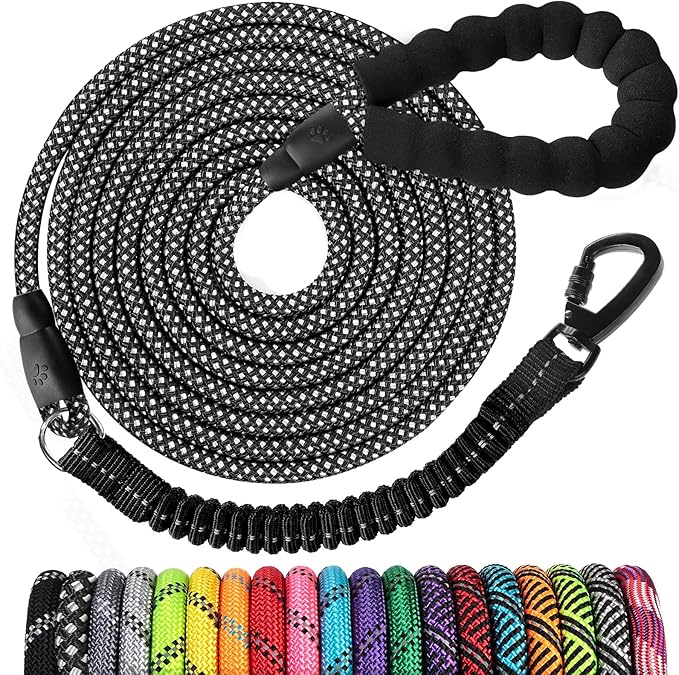 jenico Rope Dog Leash 8FT: Heavy Duty Leashes with Swivel Lockable Hook Reflective Threads Bungee and Padded Handle - Dog Lead for Large Small Medium Dogs Outside Walking Hiking
