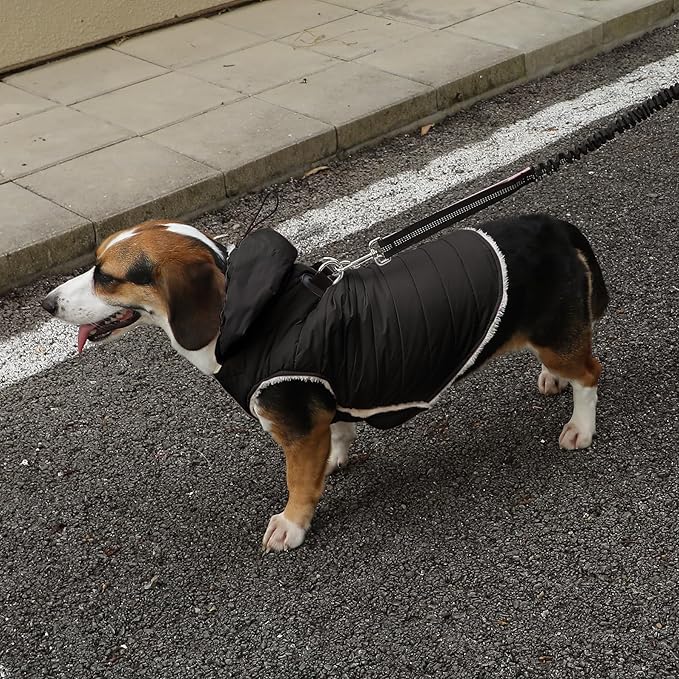 Fleece Lining Dog Hoodie with Harness Built in,Extra Warm Large Dog Jacket in Winter Doggie Coats with Drawstring Hooded,Black XXL