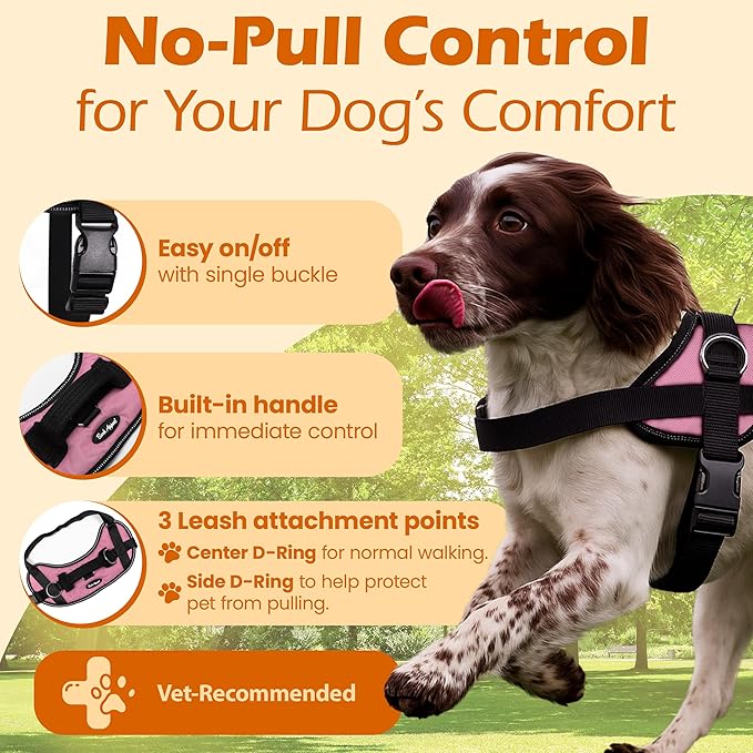 Bark Appeal Light Pink No-Pull Dog Harness for Medium to Large Sized Pets – Adjustable, Reflective Vest with 3 Leash Clips for Added Control, Easy Walks & Training – Large