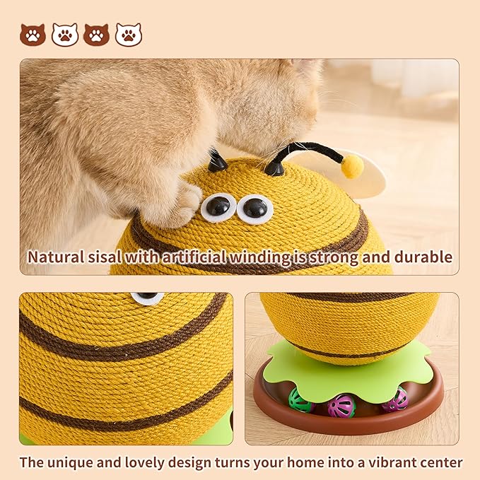 3-in-1 Modern Cat Ball Scratcher & Cat Toys for Indoor Cats/Kittens, Cute Orange/Frog/Bee Design with Bell Ball Track, Natural Sisal Cat Scratching Post, Space-Saving Interactive Cat Scratcher