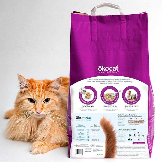 ökocat Less Mess Low Tracking Wood Clumping Cat Litter Mini- Pellets, Unscented, 21.5 pounds - Natural Ingredients, Stops Odor, Clumps Solid, 99% Dust Free, Great for Long-Hair Breeds