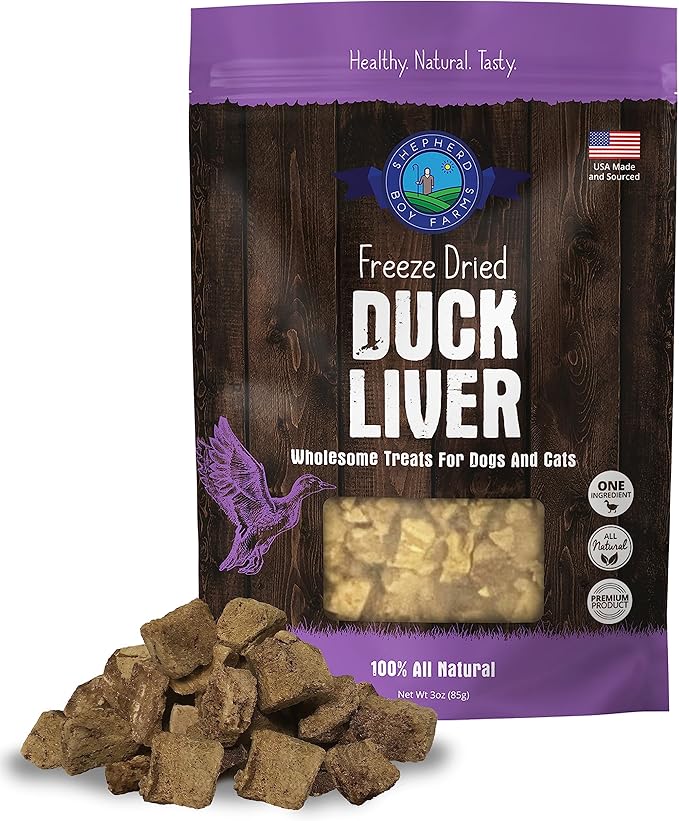 Shepherd Boy Farms Freeze Dried Dog and Cat Treats, Duck Liver, All Natural Single Ingredient Freeze-Dried Dog Treat & Snacks, Made in USA, High Protein, Essential Nutrition of Raw Food, 3oz
