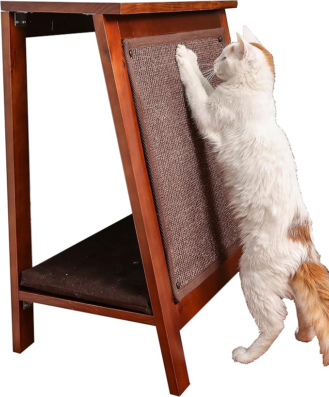 The Refined Feline Wooden Cat Furniture Bed Scratching Post, End Table with Durable Sisal Board Scratcher Pad for Kitty