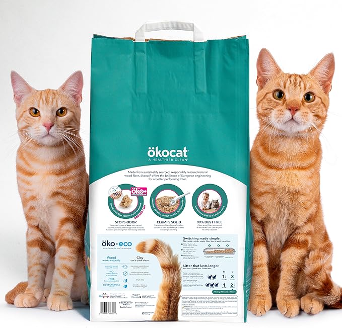 ökocat Multi-Cat Wood Clumping Cat Litter, Unscented, 18.8 pounds - Natural Ingredients, Obliterates Odors with Natural Odor Neutralizer, Clumps Solid, 99% Dust Free, Great for Multiple Cats