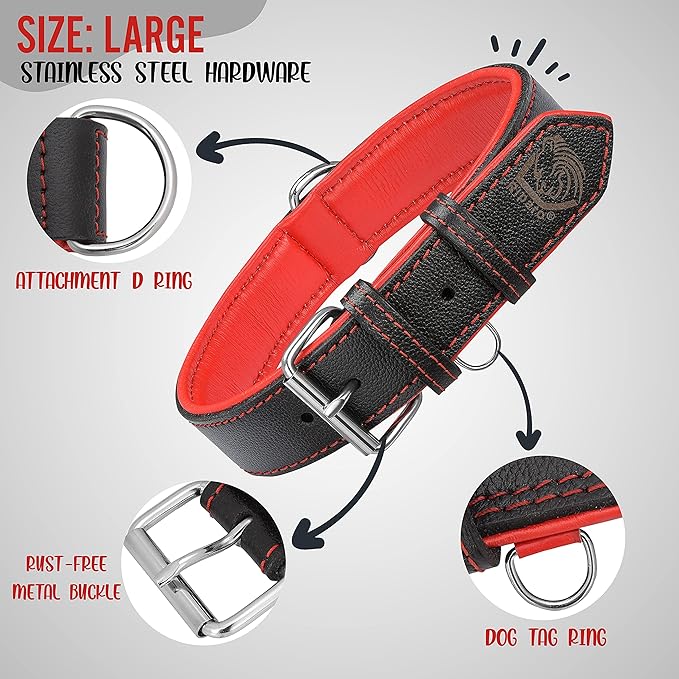 Riparo Genuine Leather Padded Dog Heavy Duty K-9 Adjustable Collar (S: 0.75” Wide for 10”-13.5” Neck, Black/Red Thread)