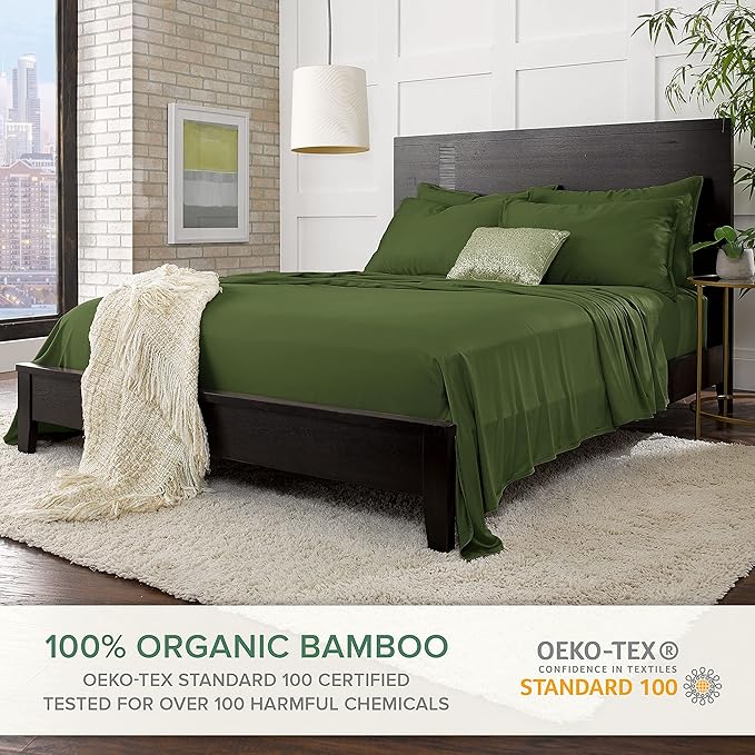 Pure Bamboo California King Sheets, Genuine 100% Organic Viscose Derived from Bamboo Bed Sheet Set, Soft & Cooling, Double Stitching, 2 Year Quality Promise (California King, Pesto)