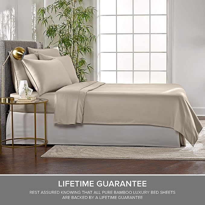 Pure Bamboo Split King Sheets, Genuine 100% Organic Viscose Derived from Bamboo Bed Sheet Set, Soft & Cooling, Double Stitching, 2 Fitted Sheets (Split King, Sand)