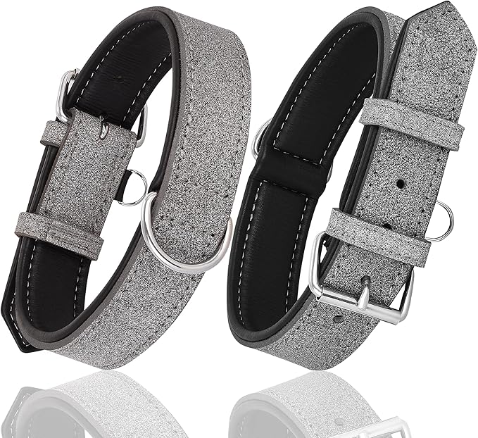 Riparo Genuine Leather Padded Dog Heavy Duty K-9 Adjustable Collar (XL: 1.75” Wide for 21”-25” Neck, Gray/White Thread)