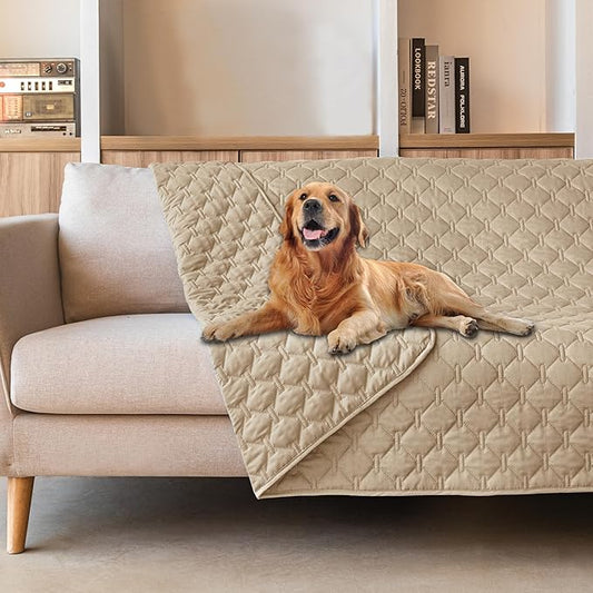 gogobunny 3X Stronger Waterproof Pet Blanket, Scratch Proof Furniture Protector for Dogs Cats, Reversible Cover 82x120 Inch, Dark Beige