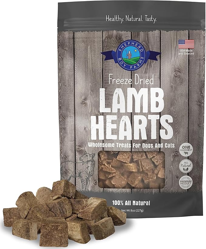 Shepherd Boy Farms Freeze Dried Dog and Cat Treats, Lamb Heart, All Natural Single Ingredient Freeze-Dried Dog Treat & Dog Snacks, Made in USA, High Protein, Essential Nutrition of Raw Dog Food, 8oz