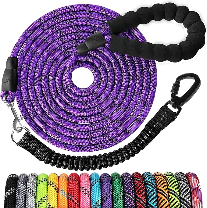 Long Dog Leash 50 FT: Heavy Duty Rope Leashes for Dogs Training with Swivel Lockable Hook Reflective Threads Bungee and Padded Handle - Dog Lead for Large Small Medium Dogs Outside Walking Hiking