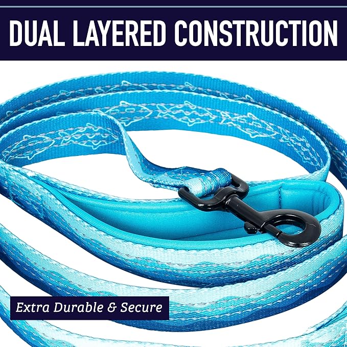 Leash Boss Double Handle 6Ft Reflective Dog Leash with Two Padded Handles for Large or Medium Dogs That Pull - Pattern Collection (Blue - Wave)