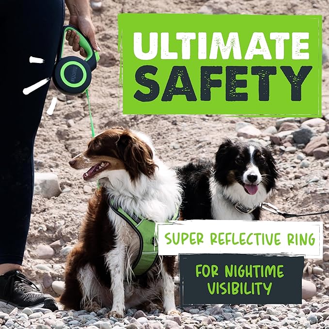 Mighty Paw Retractable Dog Leash 2.0 | 16' Heavy Duty Reflective Nylon Tape Lead for Pets up to 0-50 lbs. Tangle Free Design W/One Touch Quick-Lock Braking System & Anti-Slip Handle (Green/Lite)
