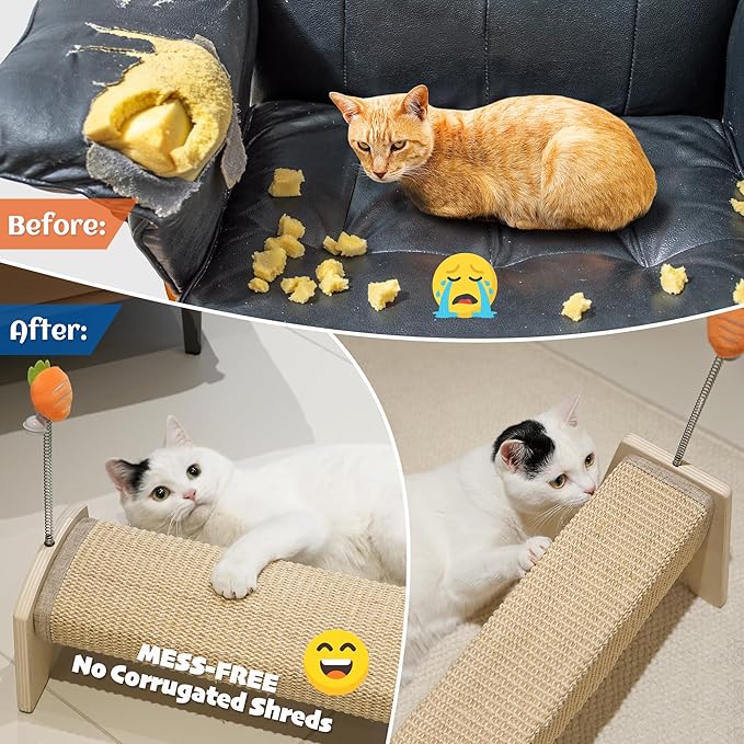 PETKARAY Horizontal Scratching Post, 30" Sisal Cat Scratch Pad, Large Floor Mounted Cat Scratcher with Spring Toy, Protect Furniture for Indoor Kitten