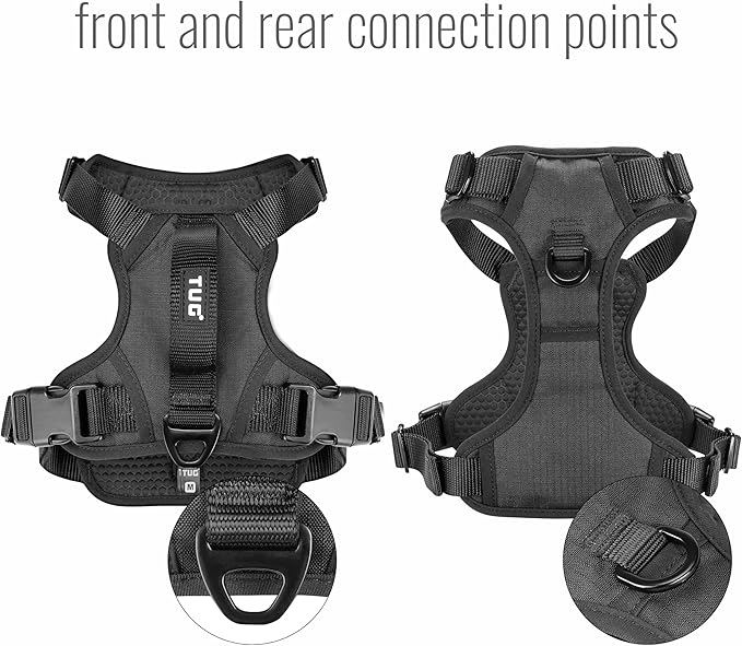TUG Dog Harness with 2 Leash Connection Points | Adjustable, Padded, Lightweight | Handle on Back | No-Pull Front Clip (Medium, Black)