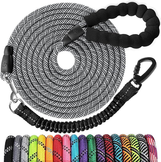 Long Dog Leash 10 FT: Heavy Duty Rope Leashes for Dogs Training with Swivel Lockable Hook Reflective Threads Bungee and Padded Handle - Dog Lead for Large Small Medium Dogs Outside Walking Hiking Grey