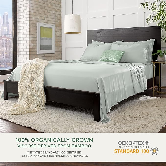 Pure Bamboo Queen Sheets, Genuine 100% Organic Viscose Derived from Bamboo Bed Sheet Set, Luxuriously Soft & Cooling, Double Stitching, 2 Year Quality Promise (Queen, Sea Glass)