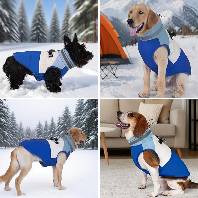 azuza Dog Jacket for Small Dogs Waterproof Dog Coat with Reflective Strips and Harness Built in Warm Fleece Dogs Winter Coat Windproof with Back Zipper, Blue M