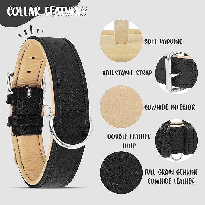 Riparo Adjustable Leather Dog Collar - Heavy Duty Wide Dog Collar for Small, Medium, Large and Extra Large Dogs with Dog Tag Holder (XL: 1.75" Wide for 21”-25” Neck, Black)