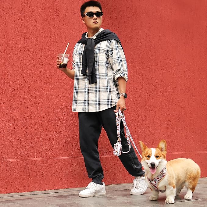 Flower Printed Dog Harness with D-Ring Leash Clip Set,Adjustable Soft Padded and Cotton Fabric Pet Vest for Medium and Small Dogs (Navajo White, Medium)