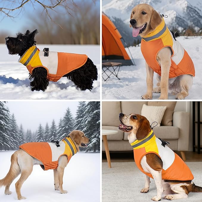 azuza Dog Jacket for Medium Dogs Waterproof Dog Coat with Reflective Strips and Harness Built in Warm Fleece Dogs Winter Coat Windproof with Back Zipper, Orange XL