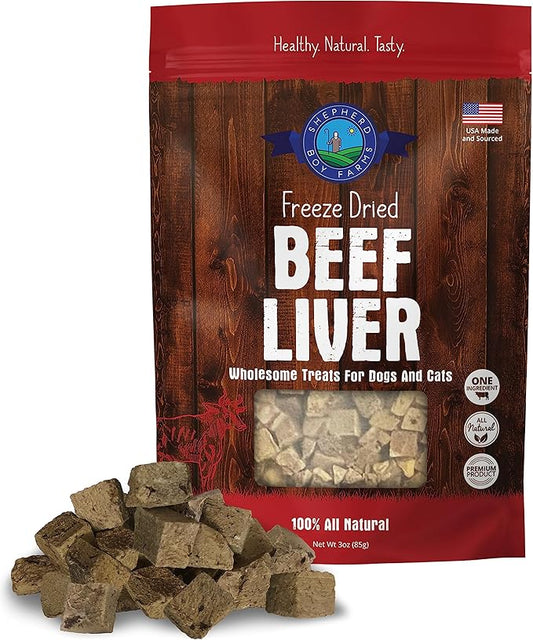 Shepherd Boy Farms Freeze Dried Dog and Cat Treats, Beef Liver, All Natural Single Ingredient Freeze-Dried Dog Treat & Snacks, Made in USA, High Protein, Essential Nutrition of Raw Food, 3oz