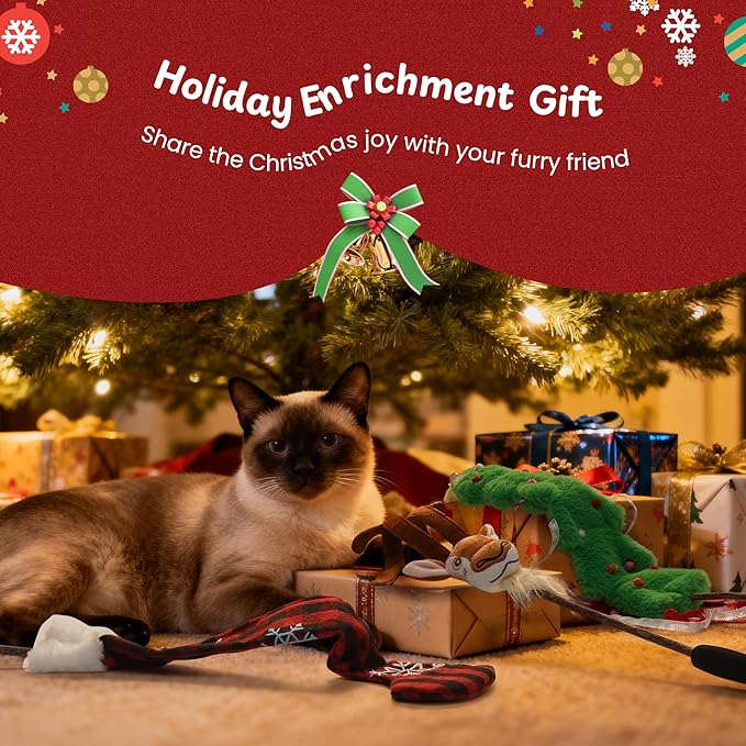 Nocciola 3 PCS Christmas Cat Wand Toys – Interactive Cat Christmas Toys Set with Reindeer, Tree and Santa Hat, Natural Catnip Toys and Silvervine Chew Sticks, Festive Teaser Wand for Kittens