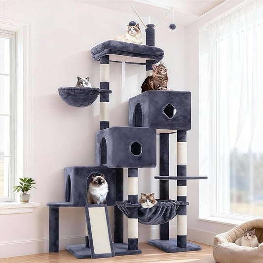 Hey-brother Cat Tree Tower, Scratching Posts with 3 Condos, Large Basket, Cozy Bed, Sisal Board, Step-by-Step Climbing Pathway and Toys, 74.8 inches Furniture for Big Indoor Cats, Smoky Gray MPJ081G