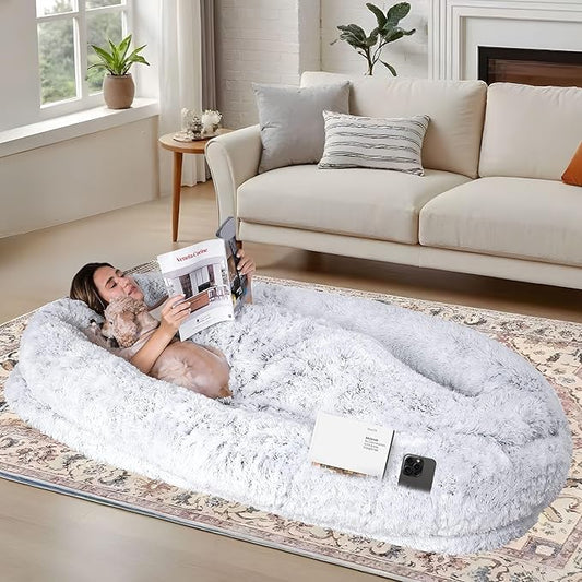 78"x44"x12.5" Human Dog Bed for Adult Faux Fur Washable Human Dog Bed Portable Handle, Egg Orthopedic Foam Human Bed Extra Large with Present Blanket Grey