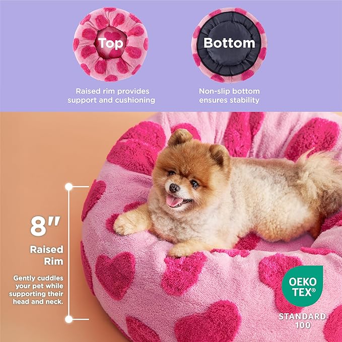 LE SURE Donut Small Dog Bed - Round Cat Beds Indoor Anti-Anxiety Calming Gift for Pets, Washable Cute Modern Beds with Jacquard Shaggy Plush & Anti Slip Bottom, 23 Inch, Heart Pink
