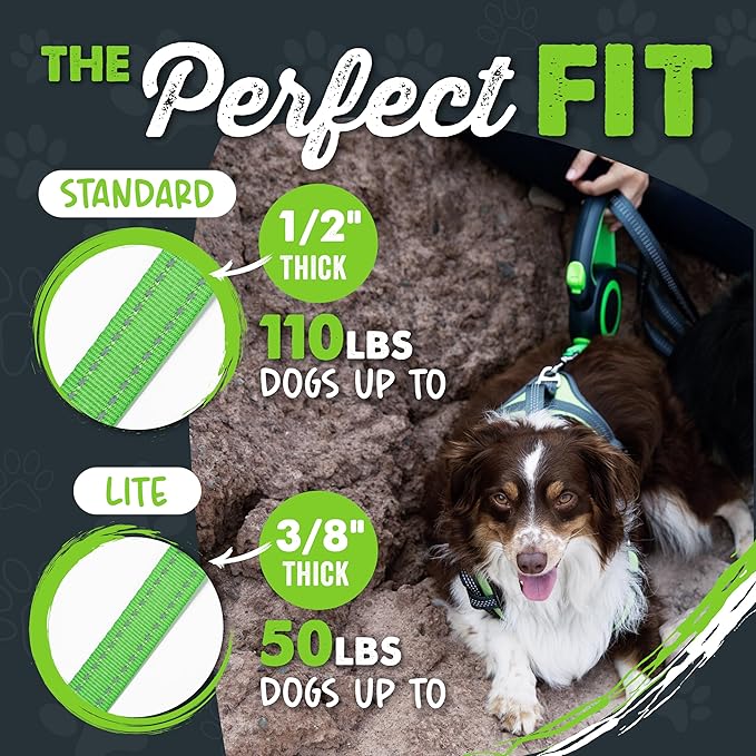 Mighty Paw Retractable Dog Leash 2.0 | 16' Heavy Duty Reflective Nylon Tape Lead for Pets up to 0-50 lbs. Tangle Free Design W/One Touch Quick-Lock Braking System & Anti-Slip Handle (Green/Lite)