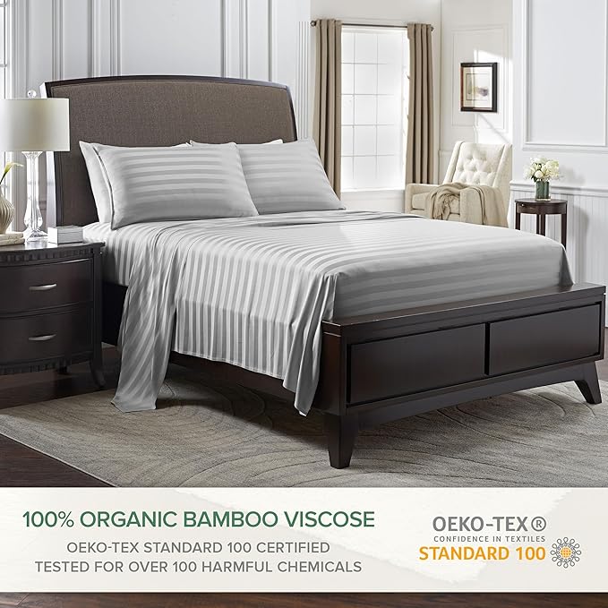 Pure Bamboo California King Sheets, Genuine 100% Organic Viscose Derived from Bamboo Bed Sheet Set, Soft & Cooling, Double Stitching, 2 Year Quality Promise (California King, Jacquard Silver)