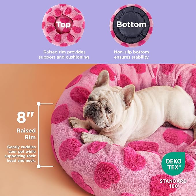 LE SURE Donut Medium Dog Bed - Round Cat Beds Indoor Calming Gift for Pets, Washable Cute Modern Beds with Jacquard Shaggy Plush & Anti Slip Bottom, 30 Inch, Heart Pink