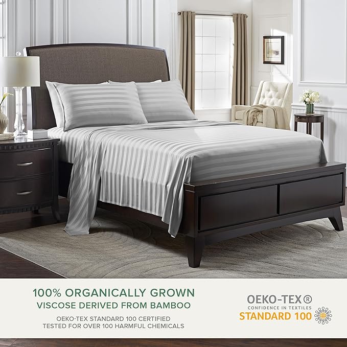 Pure Bamboo Split King Sheets, Genuine 100% Organic Viscose Derived from Bamboo Bed Sheet Set, Soft & Cooling, Double Stitching, 2 Fitted Sheets (Split King, Jacquard Silver)