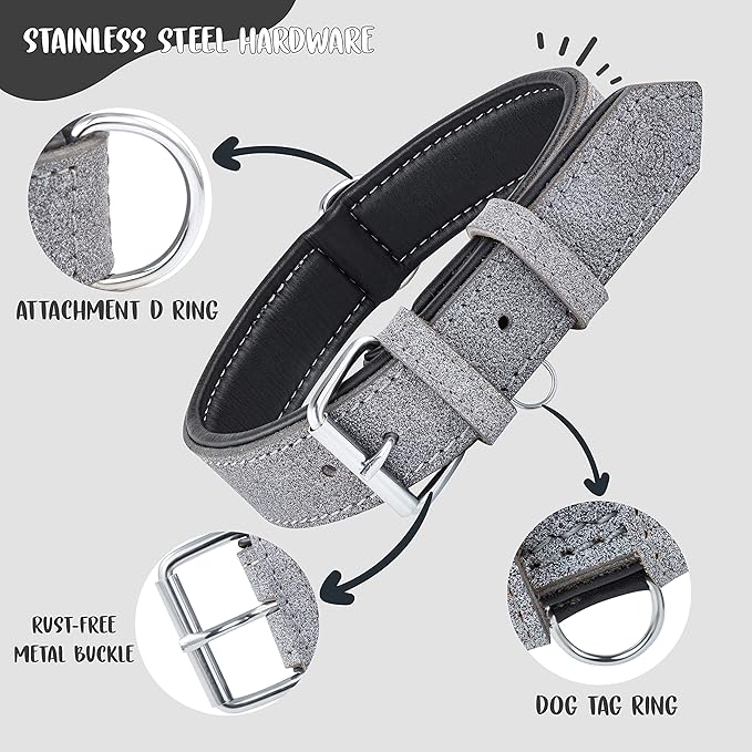 Riparo Genuine Leather Padded Dog Heavy Duty K-9 Adjustable Collar (XL: 1.75” Wide for 21”-25” Neck, Gray/White Thread)