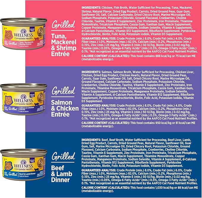 Wellness Complete Health Grilled, Adult Wet Cat Food, Natural, Protein-Rich, Grain-Free, 3 Ounce, 24 Pack, (Grilled Favorites Variety Pack)
