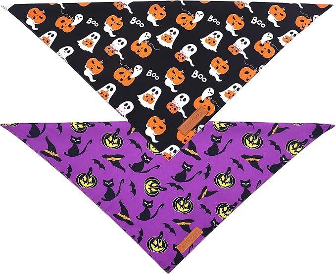 Realeaf Halloween Dog Bandanas 2 Pack, Reversible Orange Pumpkin Pet Scarf for Boy and Girl, Premium Durable Fabric, Holiday Bandana for Small Medium Large and Extra Large Dogs (Large)