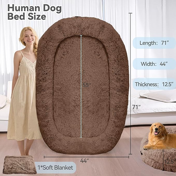 71"x44"x12.5" Human Dog Bed for Adult Faux Fur Washable Human Dog Bed Portable Handle, Egg Orthopedic Foam Human Bed Extra Large with Present Blanket Brown