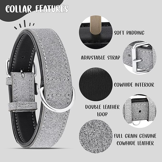 Riparo Genuine Leather Padded Dog Heavy Duty K-9 Adjustable Collar (XL: 1.75” Wide for 21”-25” Neck, Gray/White Thread)