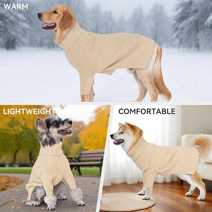 cyeollo Dog Sweater Turtleneck Knitted Sweaters with Long Sleeves Winter Dog Clothes Sweaters for Small Dogs, Beige XL