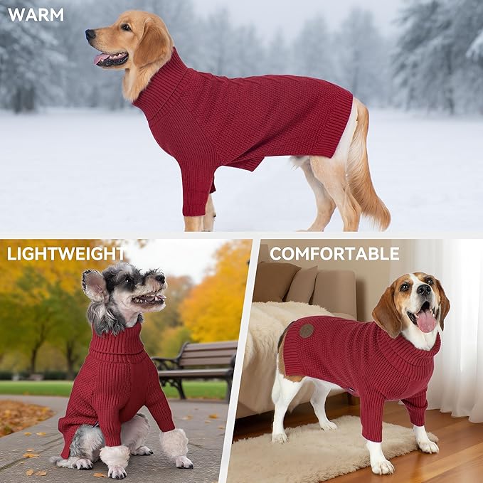cyeollo 4XL Dog Christmas Sweater,Knitwear Turtleneck Pullover Sweaters Fall Winter Dog Clothes Sweaters for Large Giant Dogs Female, Burgundy Red XXXXL