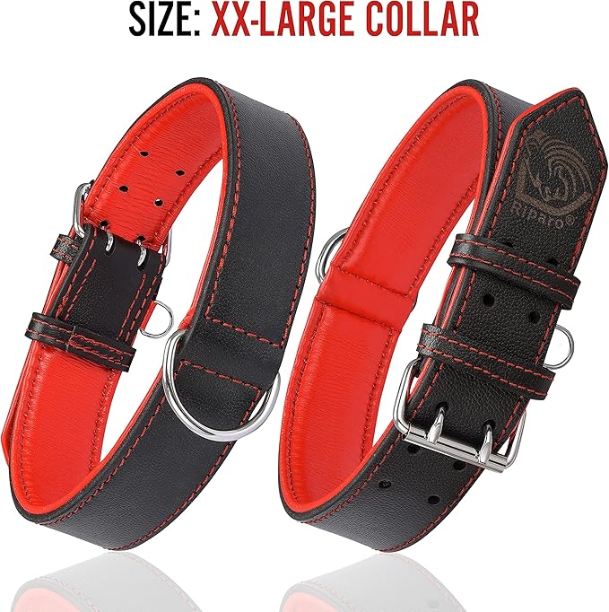 Riparo Adjustable Leather Dog Collar - Heavy Duty Wide Dog Collar for Small, Medium, Large and Extra Large Dogs with Dog Tag Holder (L: 1.5" Wide for 17"-21" Neck, Black/Red Thread)