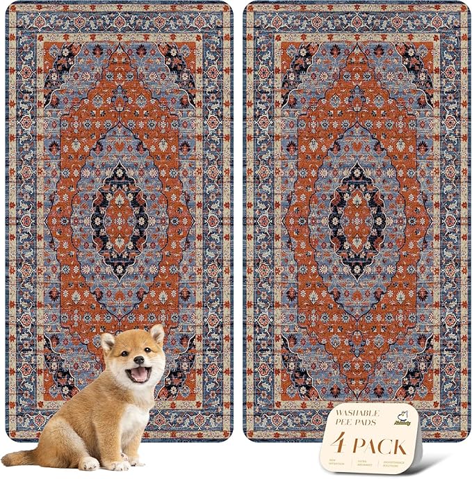 nunubaby 4PACK Washable Pee Pads for Dogs, Stylish, Non-Slip and Leak-Proof Pee Pads. Reusable Potty Pads for Dogs for Crates and Floors.(Red/Floral, 24" x48" )