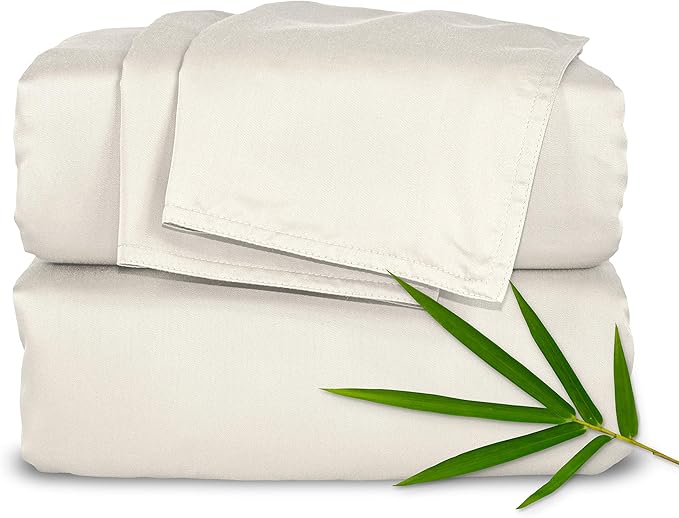 Pure Bamboo Split King Sheets, Genuine 100% Organic Viscose Derived from Bamboo Bed Sheet Set, Soft & Cooling, Double Stitching, 2 Fitted Sheets (Split King, Ivory)