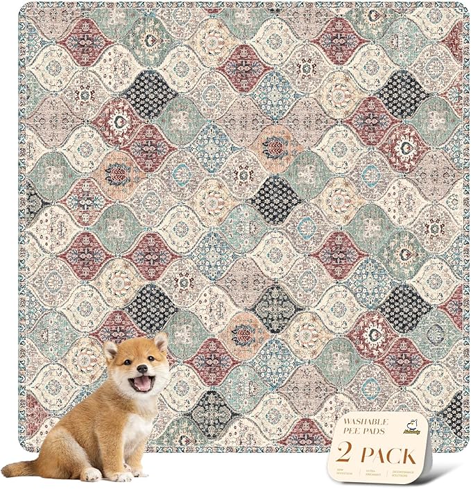 nunubaby Washable Pee Pads for Dogs, Stylish, Non-Slip and Leak-Proof Pee Pads. Reusable Potty Pads for Dogs for Crates and Floors.(Dark Red/Multi, 48" x48" )