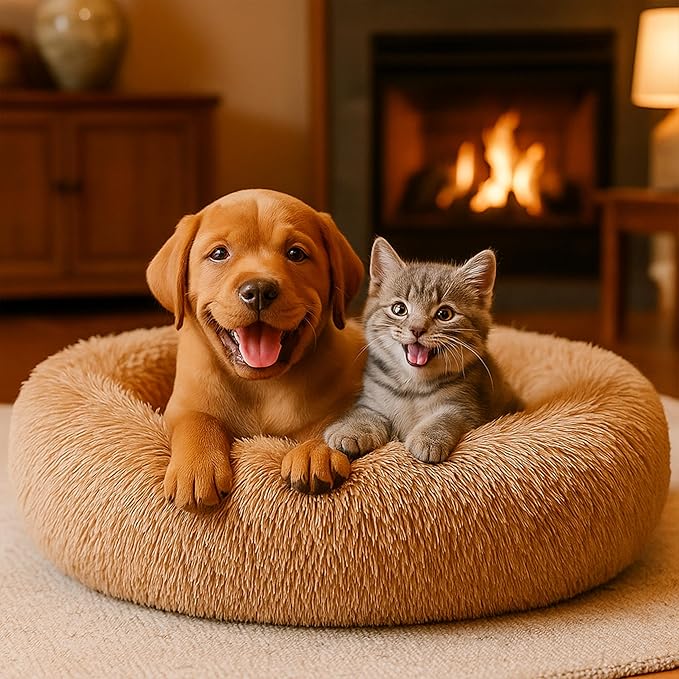 Calming Dog Bed - Fluffy Donut Cuddler for Anxiety Relief, Orthopedic Pet Bed with Non-Slip Bottom, Cozy Round Faux Fur Nest for Dogs and Cats, Plush Crate Mat for Comfort (Camel, Large)