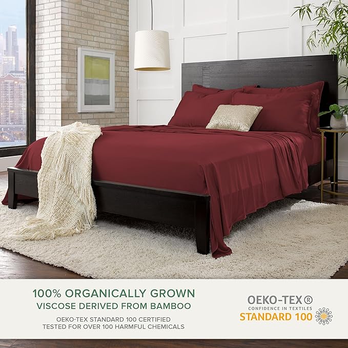 Pure Bamboo King Sheets, Genuine 100% Organic Viscose Derived from Bamboo Bed Sheet Set, Luxuriously Soft & Cooling, Double Stitching, 2 Year Quality Promise (King, Merlot)