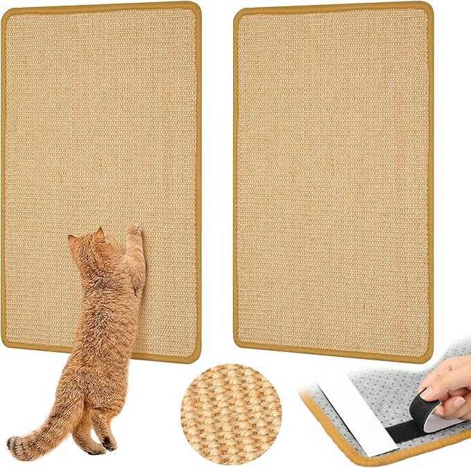 Carpet Cat Scratching Mat Sisal, 2 Packs Sisal Fabric Large 23.6" x 15.7" Scratching Pad for Indoor Cats with Adhesive Hook Loop Tape, Cat Scratching Rug Wall Scratchers for Indoor