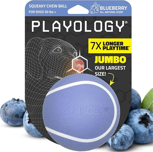 Playology Dog Toys | Squeaky Chew Ball - Bouncy Durable Floating Fetch Ball for Dogs | Jumbo Blueberry Scented Toy - Easy to Clean and Made from Non Toxic Materials