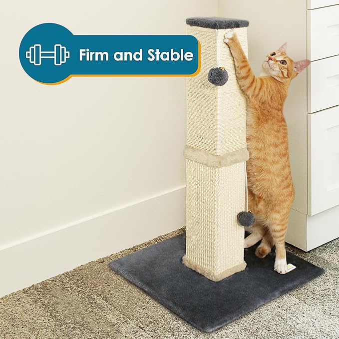 Pawbee 32" Cat Scratching Post Tower with Jingle Bells and Plush Balls, Sisal Tower with Larger Base for Better Stability, Beige
